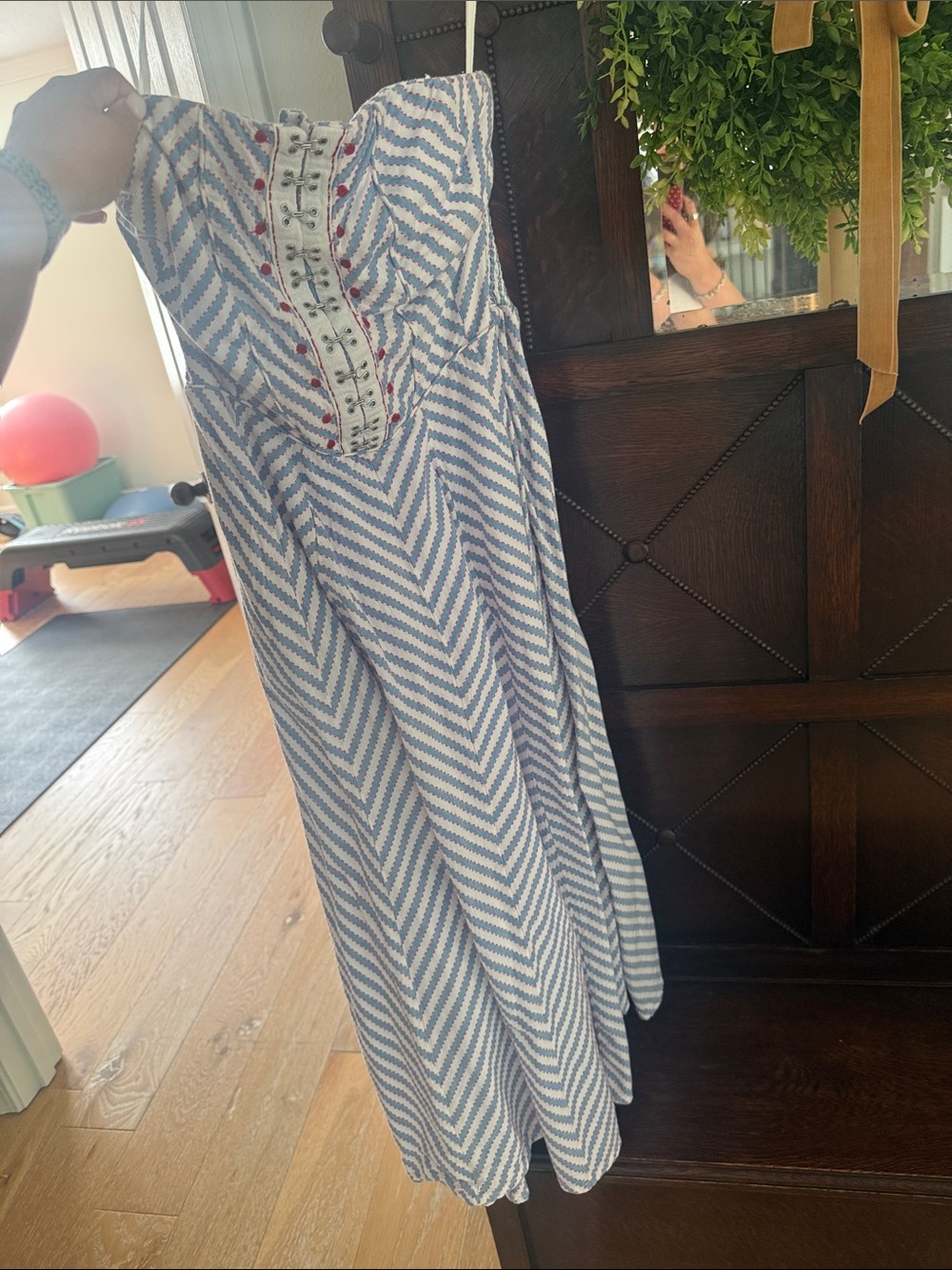 Blue & White Chevron Strapless Sundress with Embroidered Bodice